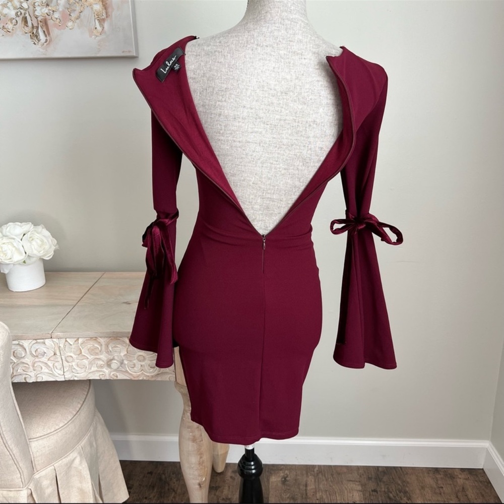 Lulu’s Once In A While Bell Sleeve Velvet Tie V Neck Mini Dress XS Dark Red - Picture 10 of 17